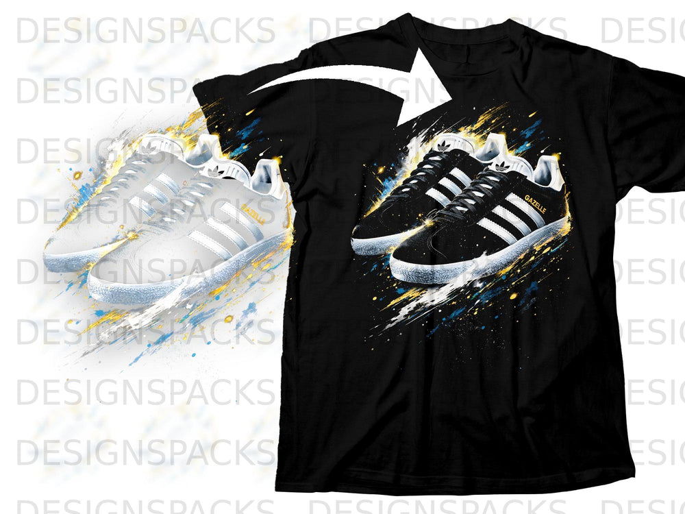 Black t-shirt with white and black Adidas Gazelle sneakers and paint splatters.