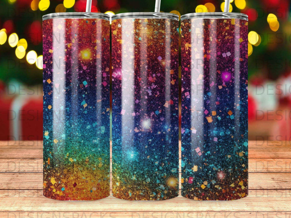 Three tumblers with a colorful glittery gradient background.