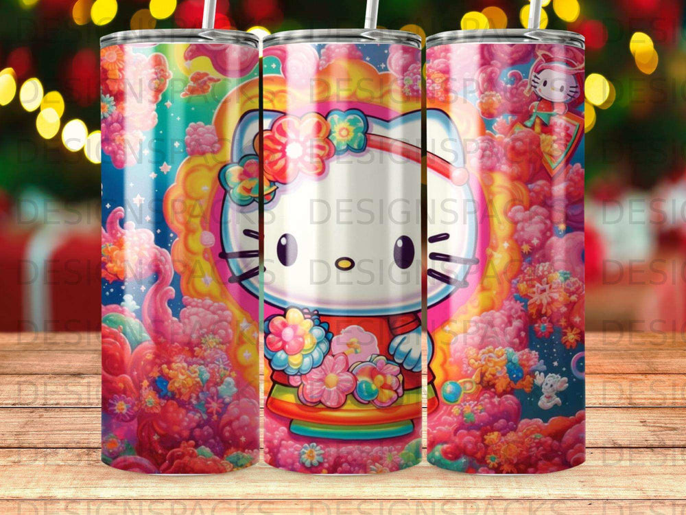 Hello Kitty and floral design on a skinny tumbler with colorful, vibrant background.