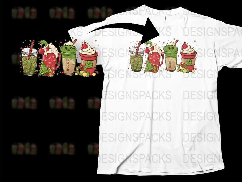 Christmas T-Shirt with Cute Santa and Festive Drinks Graphic, Holiday Apparel, Unisex Winter Fashion