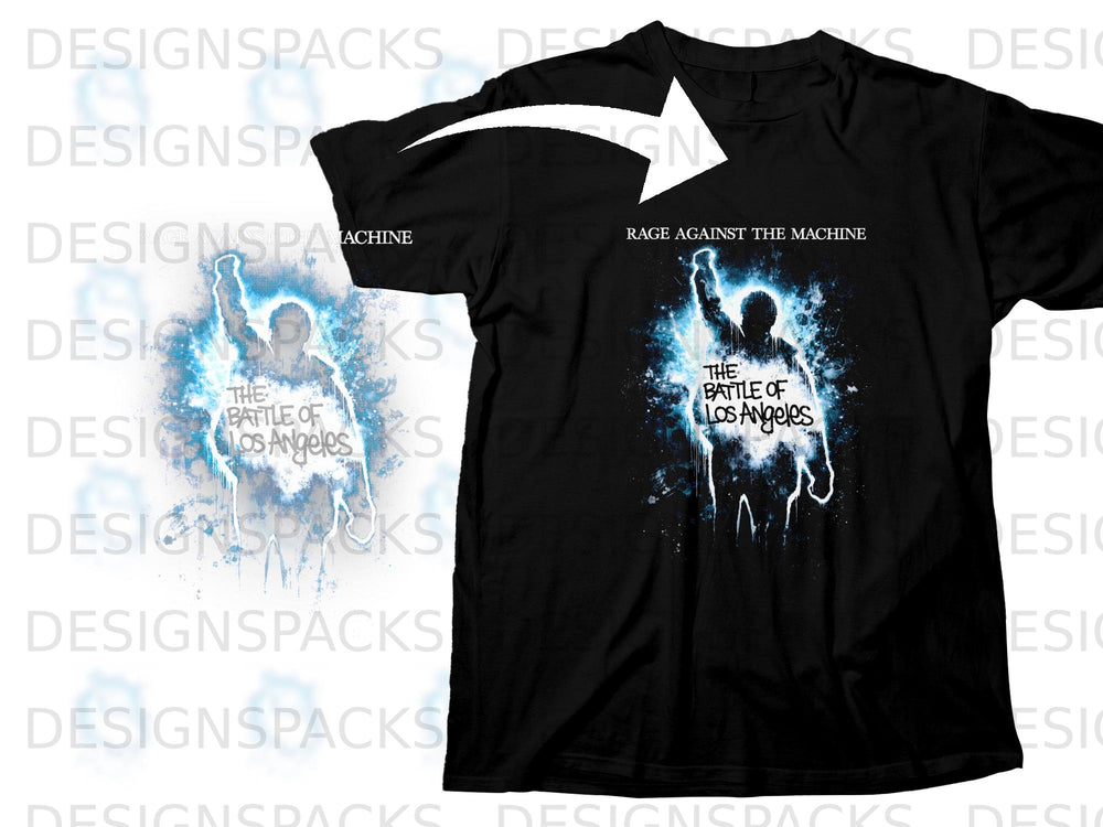 Black t-shirt featuring Rage Against the Machine's "The Battle of Los Angeles" album art.