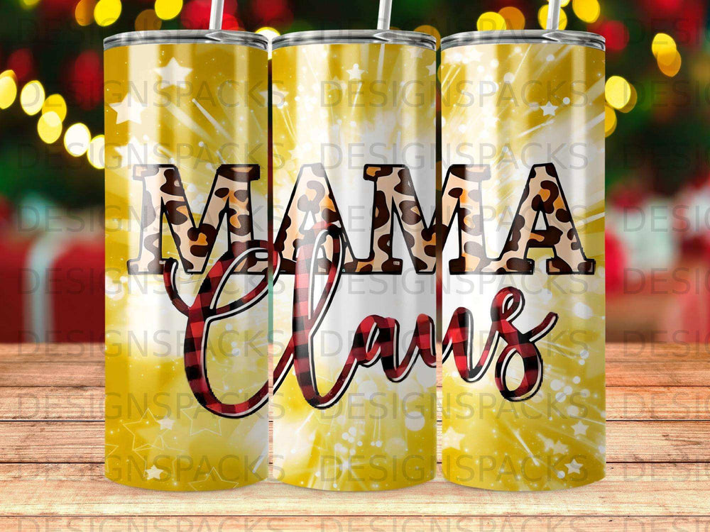 Mama Claus tumbler with leopard print and yellow glitter background.