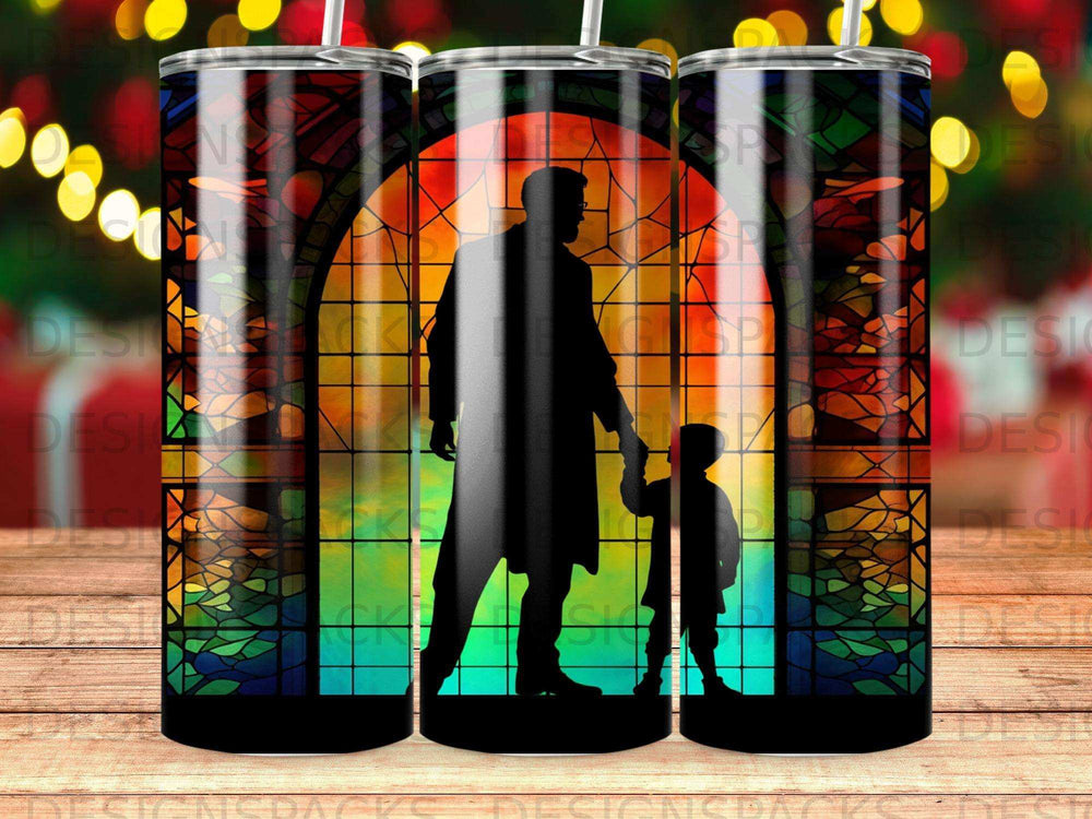 Silhouette of father and child walking towards stained glass window.