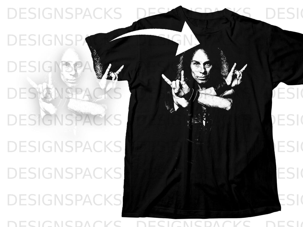 Black t-shirt with black and white graphic of Ronnie James Dio making horns gesture.