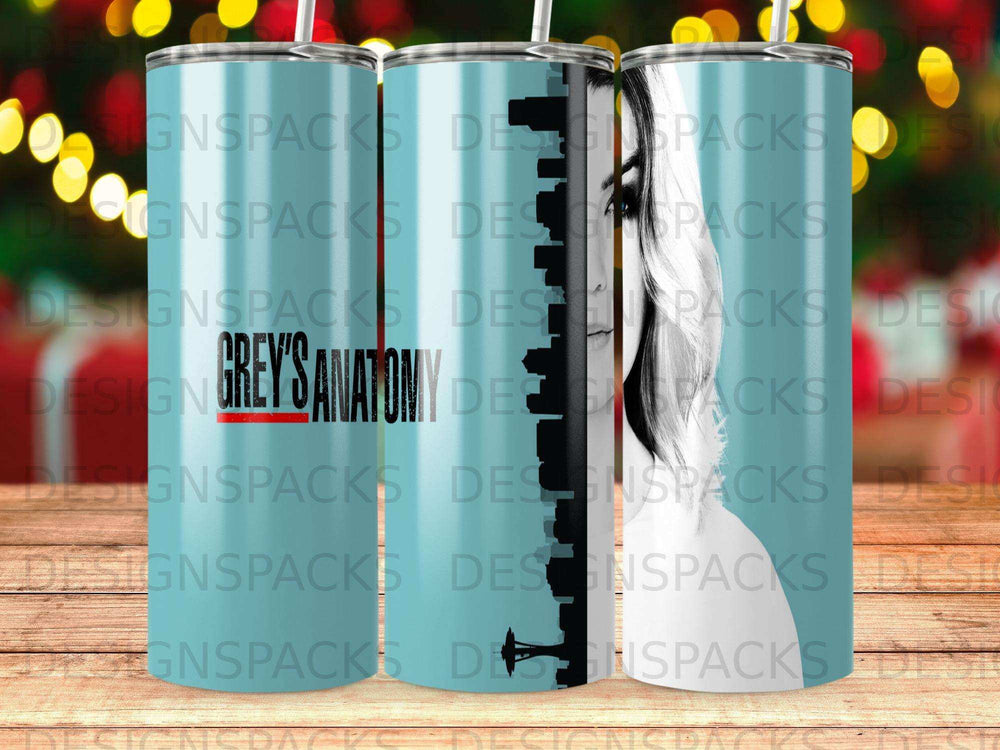 Grey's Anatomy tumbler with repeating pattern and brand watermark.