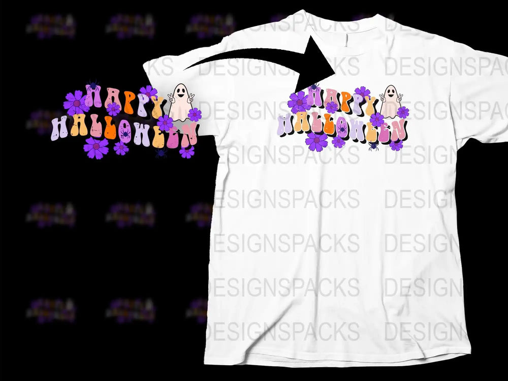 Happy Halloween T-Shirt, Cute Ghost and Flowers Graphic, Spooky Fun Tee for All Ages