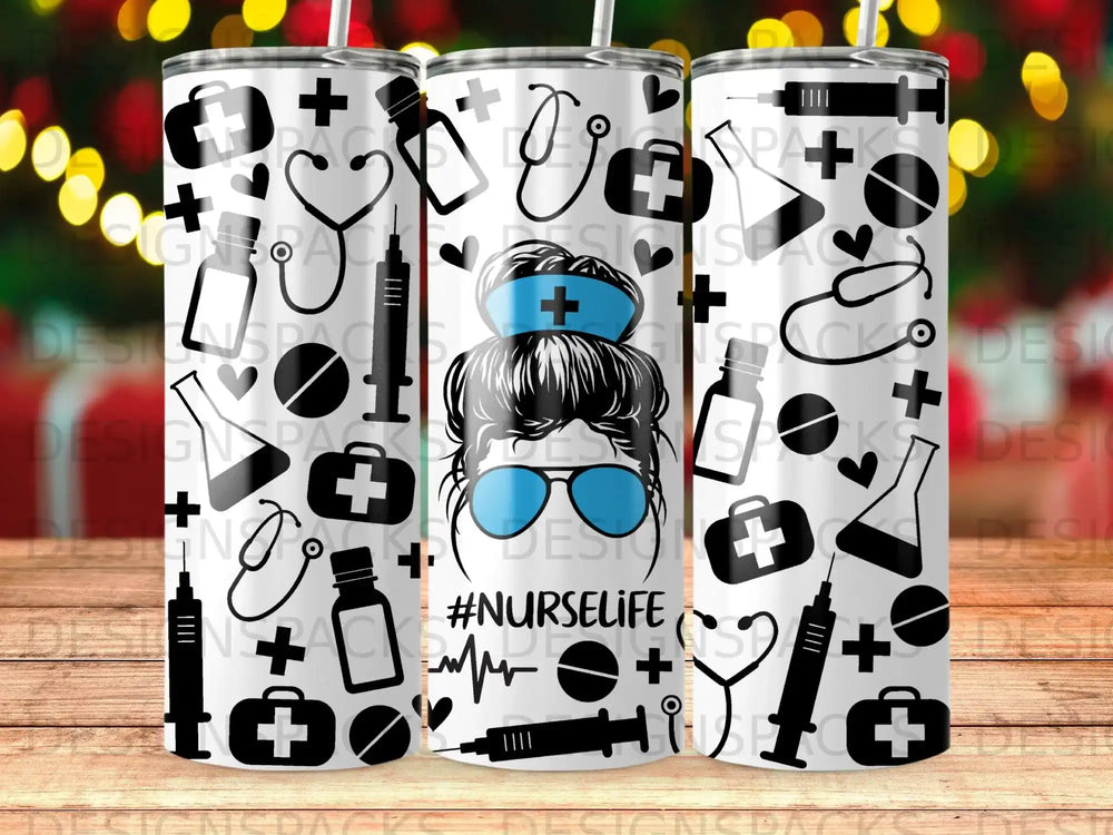 Tumbler with medical icons and "#NURSELIFE" text.