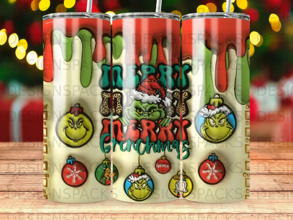 Merry Grinchmas tumbler with Grinch characters and ornaments.