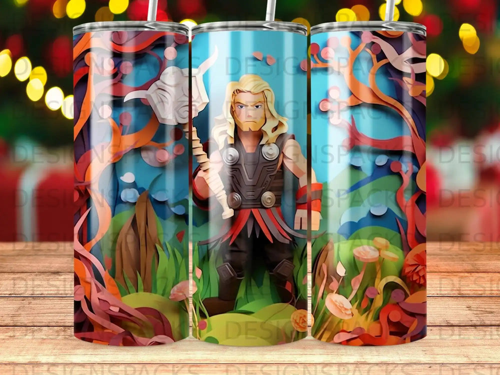 Thor, the Norse god, in a cartoon style, surrounded by fantasy forest elements.