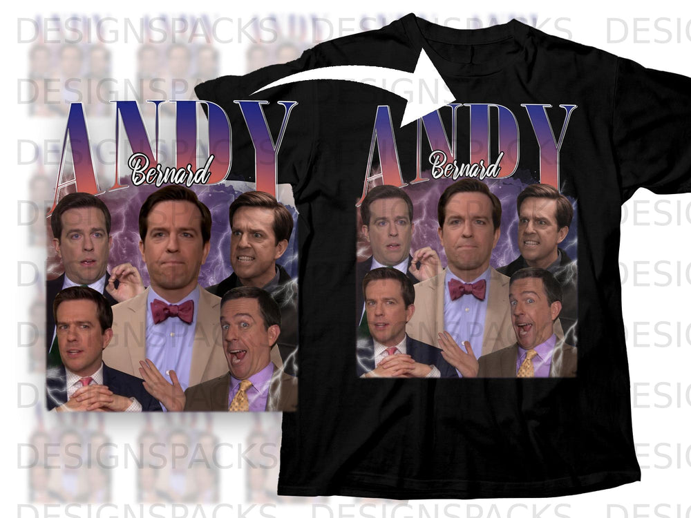 Black t-shirt with "Andy Bernard" text and collage of Ed Helms' character.