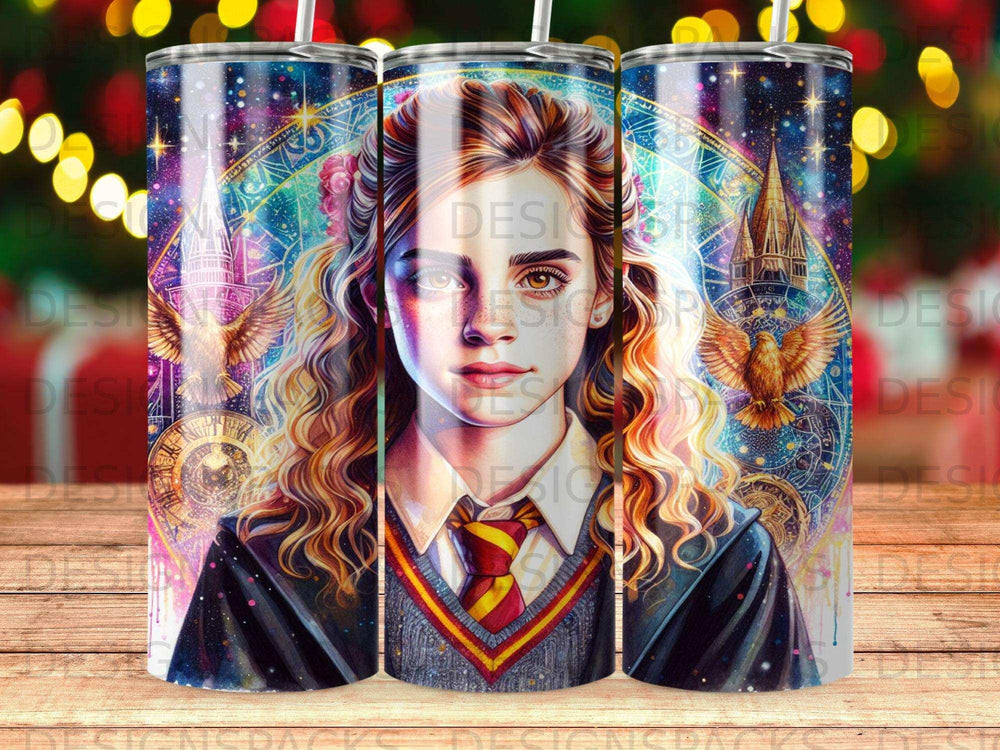 Harry Potter character Hermione Granger on a starry background, colorful artwork.