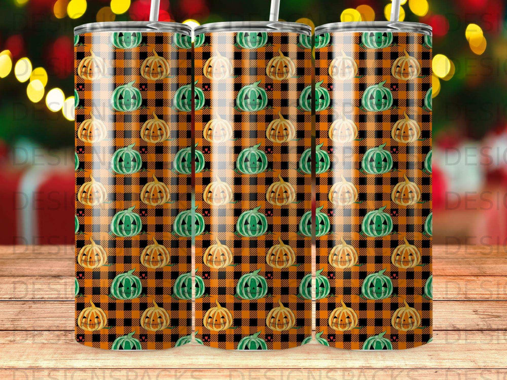 Orange and green plaid pattern with pumpkins and hearts, three tumblers.