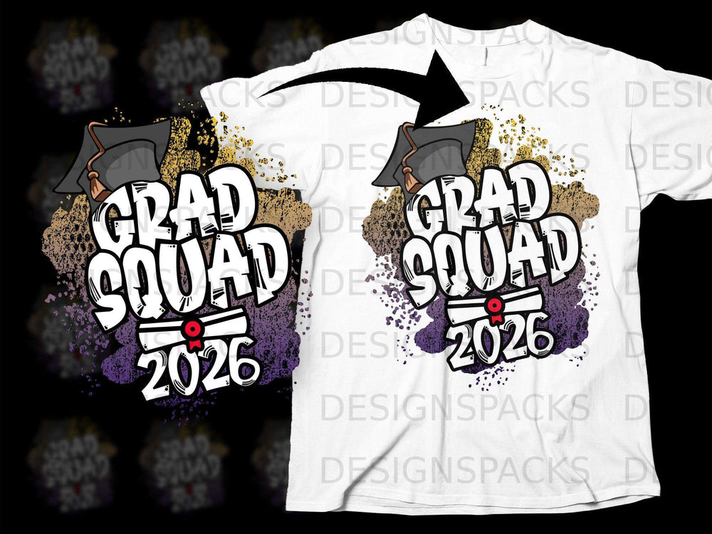 Grad Squad 2026 design with graduation caps and diploma.