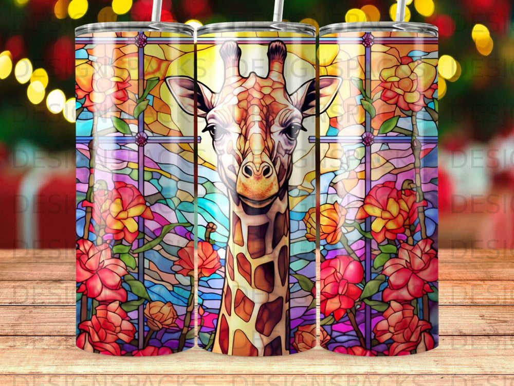 Giraffe portrait in stained glass pattern with roses on a tumbler.
