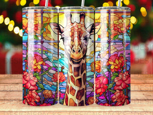 Giraffe portrait in stained glass pattern with roses on a tumbler.