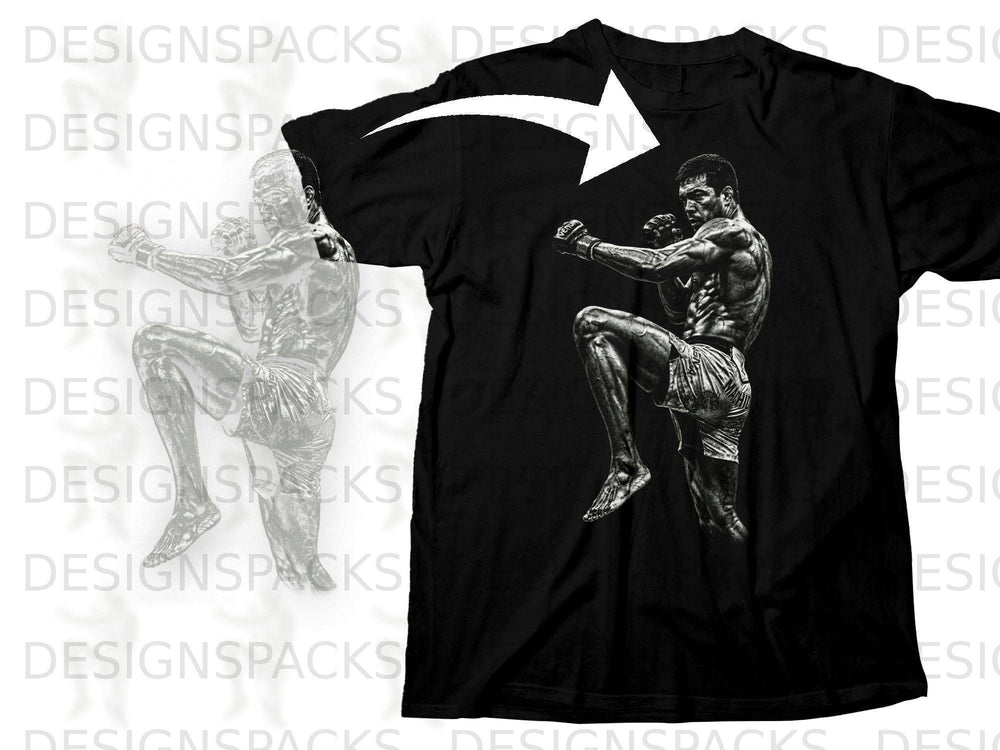 Black t-shirt with a black and white graphic of a fighter performing a knee strike.
