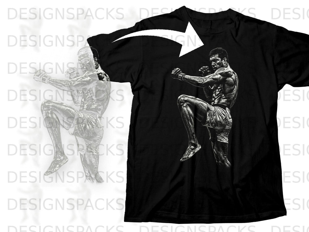 Black t-shirt with a black and white graphic of a fighter performing a knee strike.