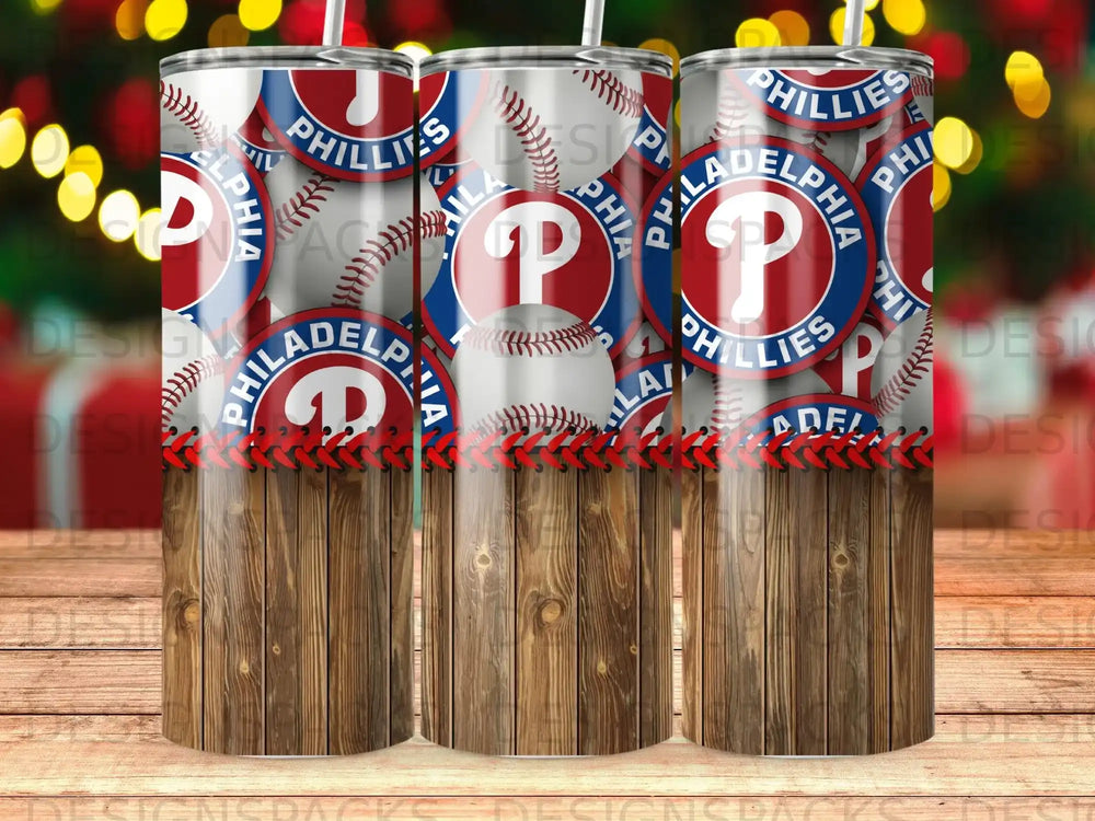 Philadelphia Phillies baseball tumbler with wood grain base and festive background.