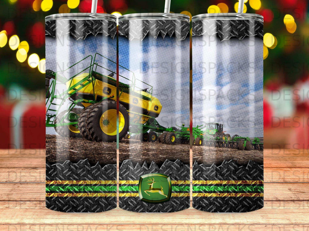 Yellow John Deere tractor and planter in a field, diamond plate and green stripe pattern.