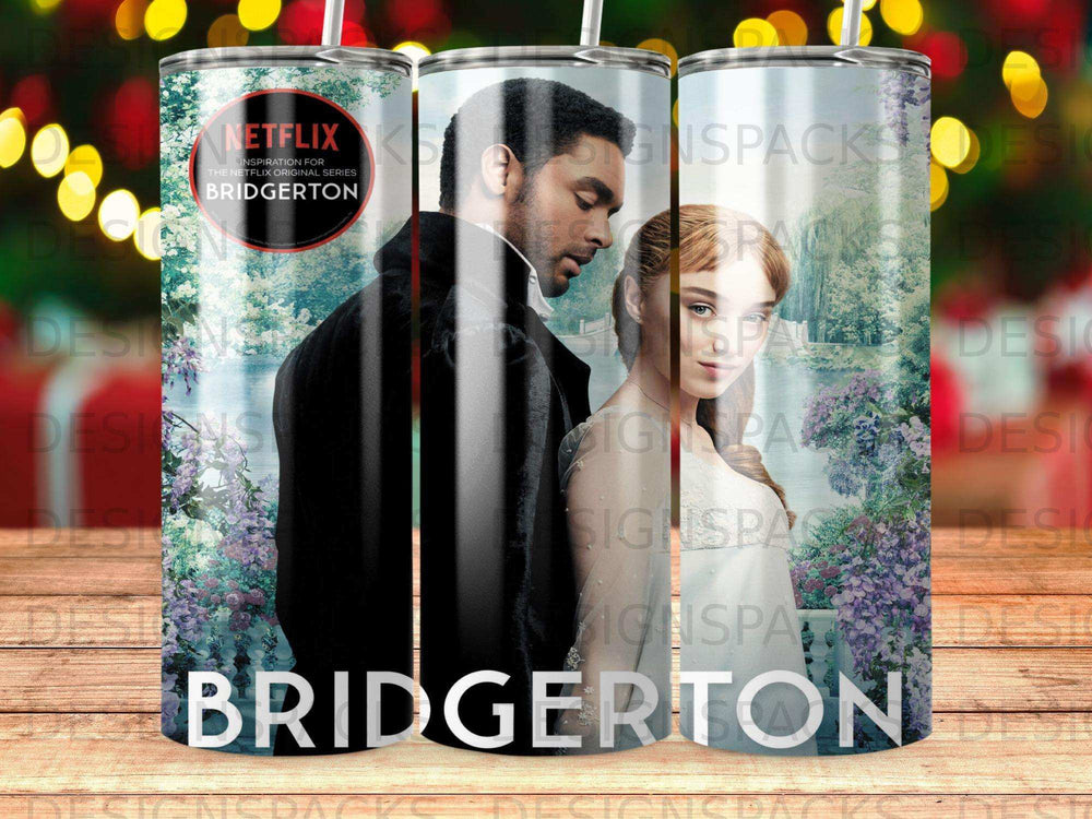Bridgerton Netflix series poster art with Daphne and Simon on a tumbler.