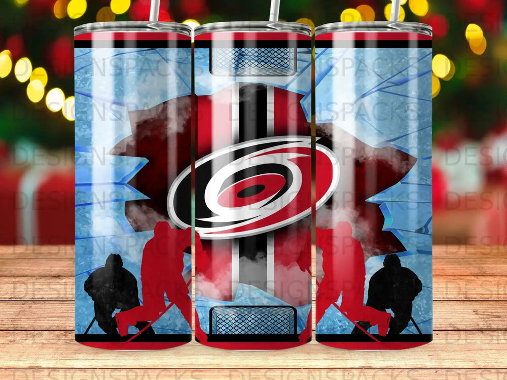 Carolina Hurricanes logo with hockey players on a blue, icy background.