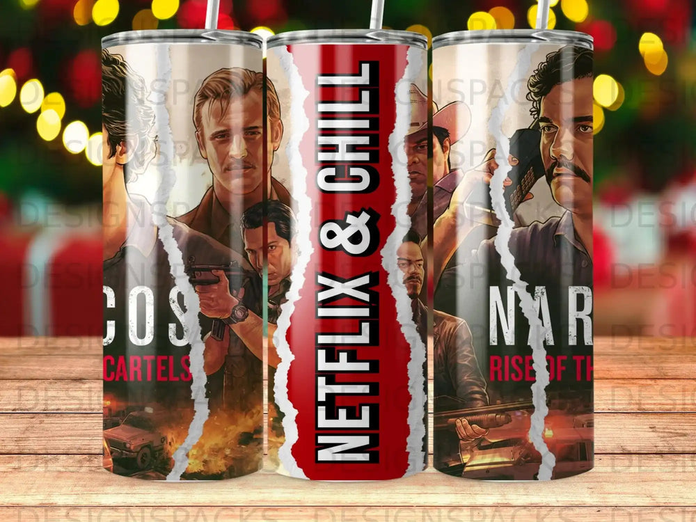 Netflix & Chill tumbler featuring cartel imagery and characters from Narcos.