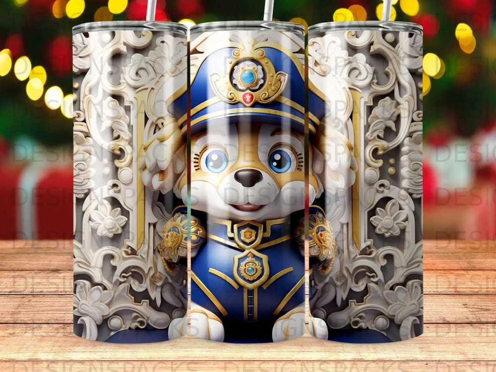 Cute cartoon dog in a blue and gold police uniform with ornate background.
