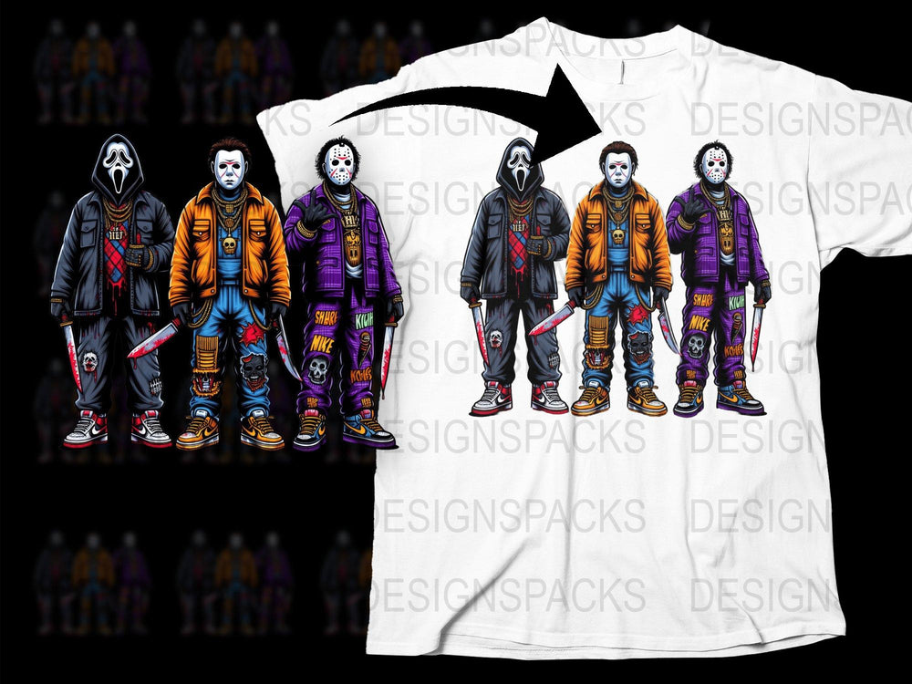 Horror Movie Icons T-Shirt, Colorful Serial Killer Graphics, Unisex Fashion Tee