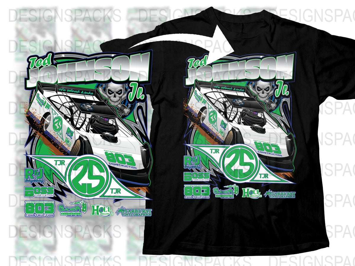 Ted Johnson Jr Racing Tee, Skeleton Driver Graphic, Black T-Shirt, Motorsport Apparel, Unique Car Enthusiast Gift