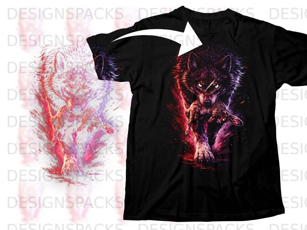Black t-shirt with a fierce wolf graphic holding prey, rendered in red and purple hues.