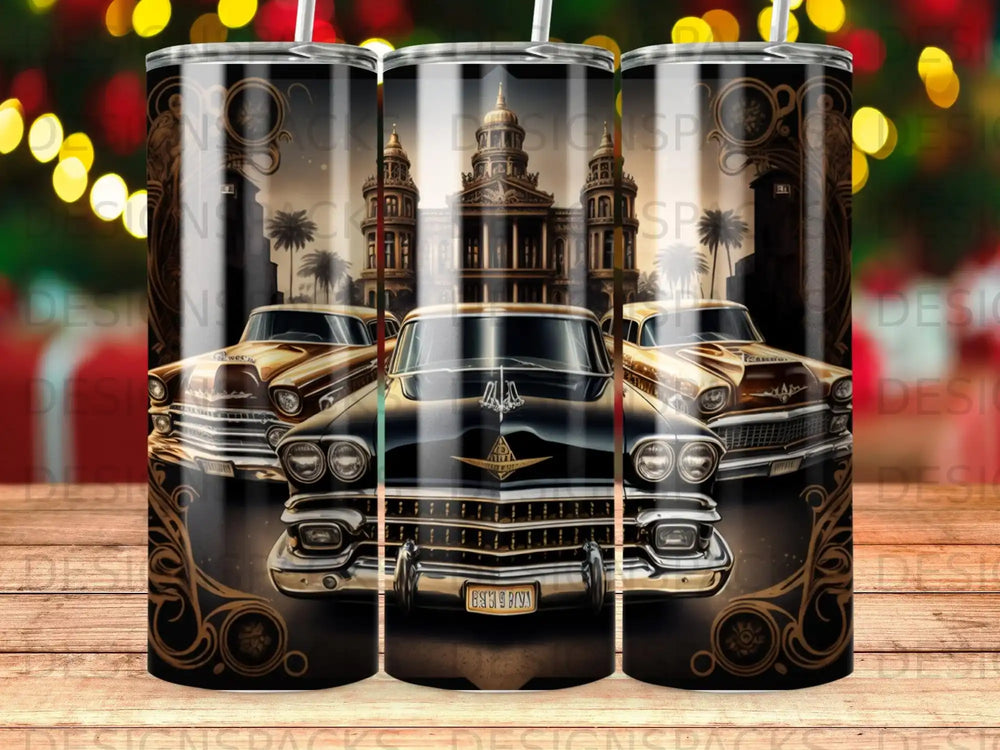 Black vintage car with ornate gold accents and palm trees.