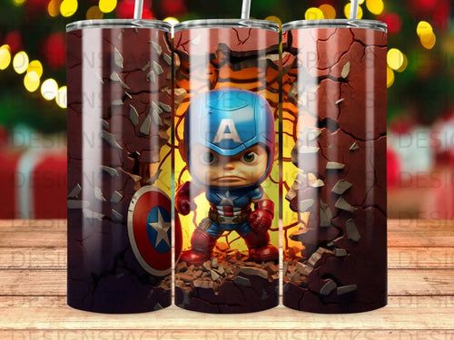 Captain America character design on a tumbler with a brick wall background.