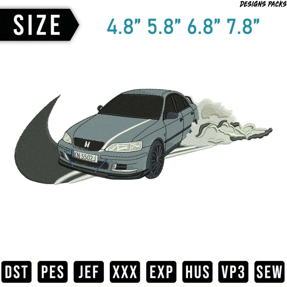 Embroidered gray car drifting with smoke, with size options and file types.