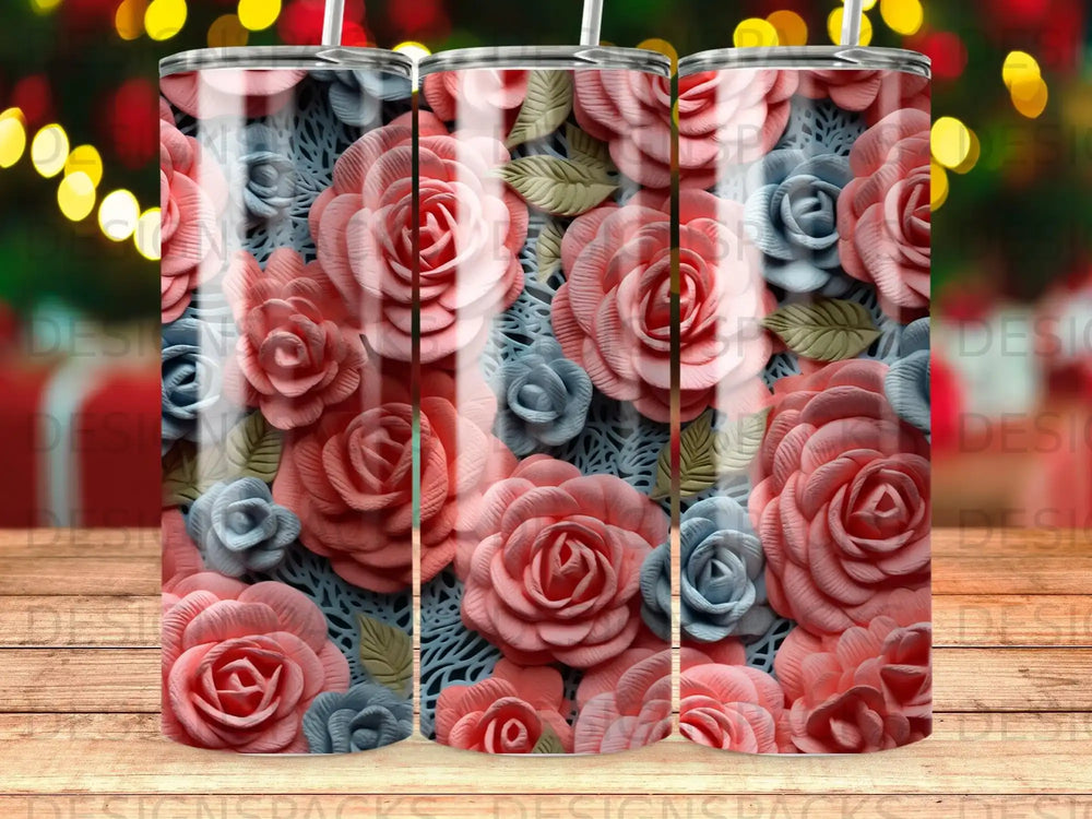 Pink and blue roses in relief pattern on a tumbler.