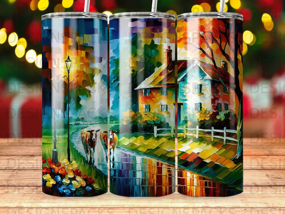 Colorful impressionist painting of cows near a house with reflections.