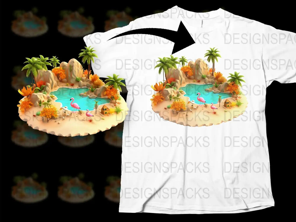 Tropical Paradise Flamingo Graphic T-Shirt, Unisex Summer Beach Design Tee with Palm Trees and Sunset
