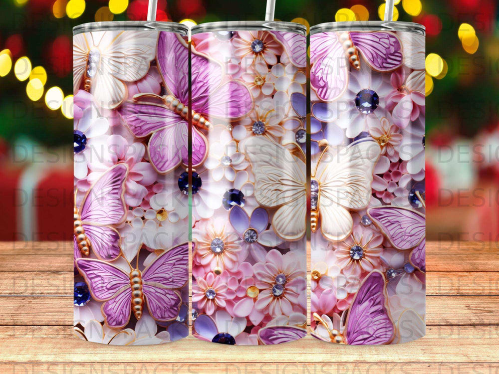 Floral pattern with butterflies and gemstones on a cylindrical object.
