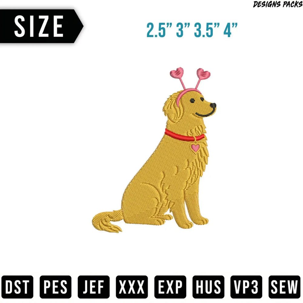 Golden Retriever with pink heart headband and collar, embroidery file sizes.