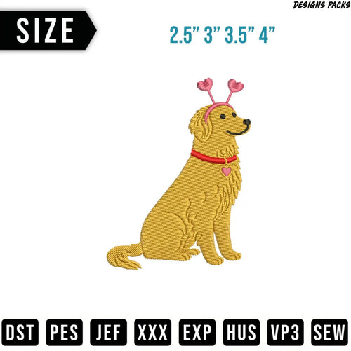 Golden Retriever with pink heart headband and collar, embroidery file sizes.