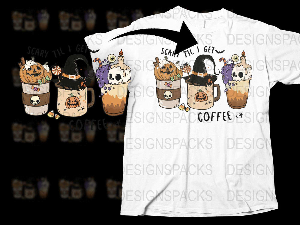 Halloween Themed T-Shirt with Pumpkin and Ghost Coffee Cup Designs, Spooky Casual Apparel