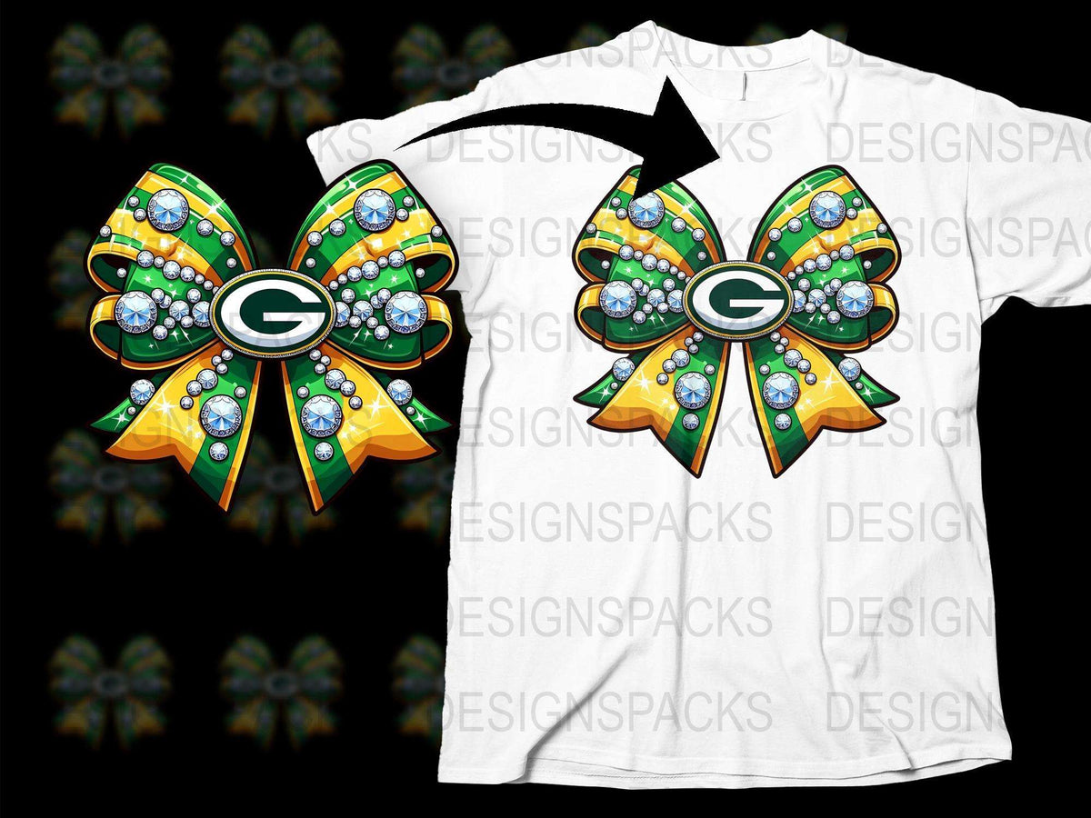 Green Bay Packers Inspired Bow Brooch Shirt, Sports Fan Glitter Rhinestone Tee, Team Spirit Fashion Top