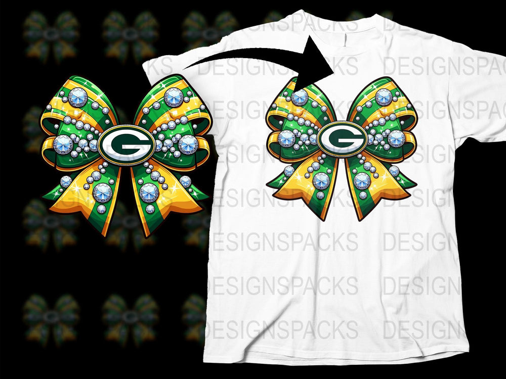Green Bay Packers Inspired Bow Brooch Shirt, Sports Fan Glitter Rhinestone Tee, Team Spirit Fashion Top
