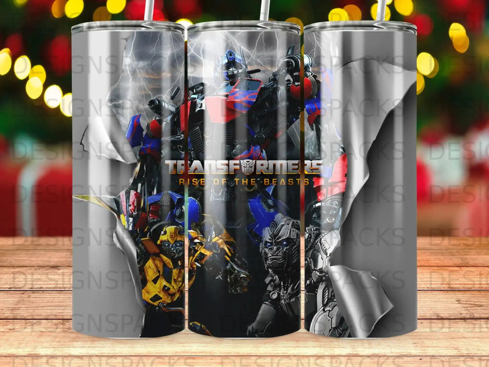 Transformers Rise of the Beasts characters on a metallic tumbler.
