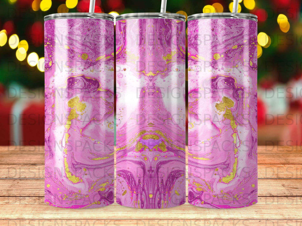 Tumbler with pink and purple marble pattern and gold accents.