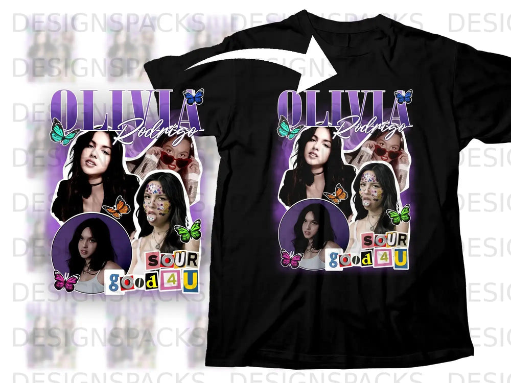 Olivia Rodrigo "Sour" album graphic t-shirt with butterfly and collage elements.
