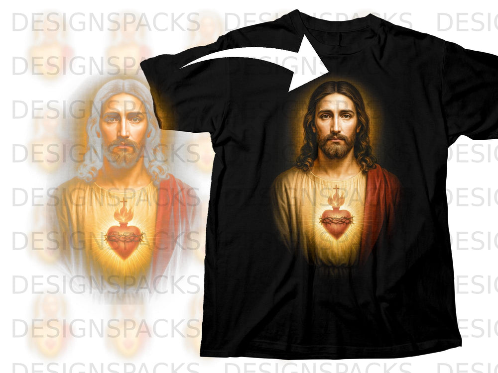 Black t-shirt with illustration of Jesus' Sacred Heart.
