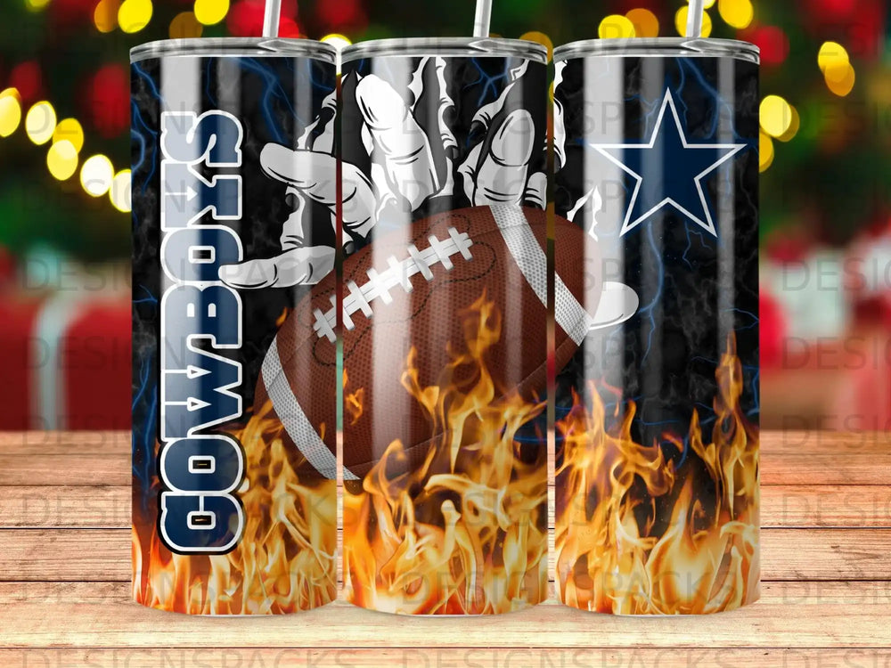 Dallas Cowboys football with flames and lightning graphic on a tumbler.