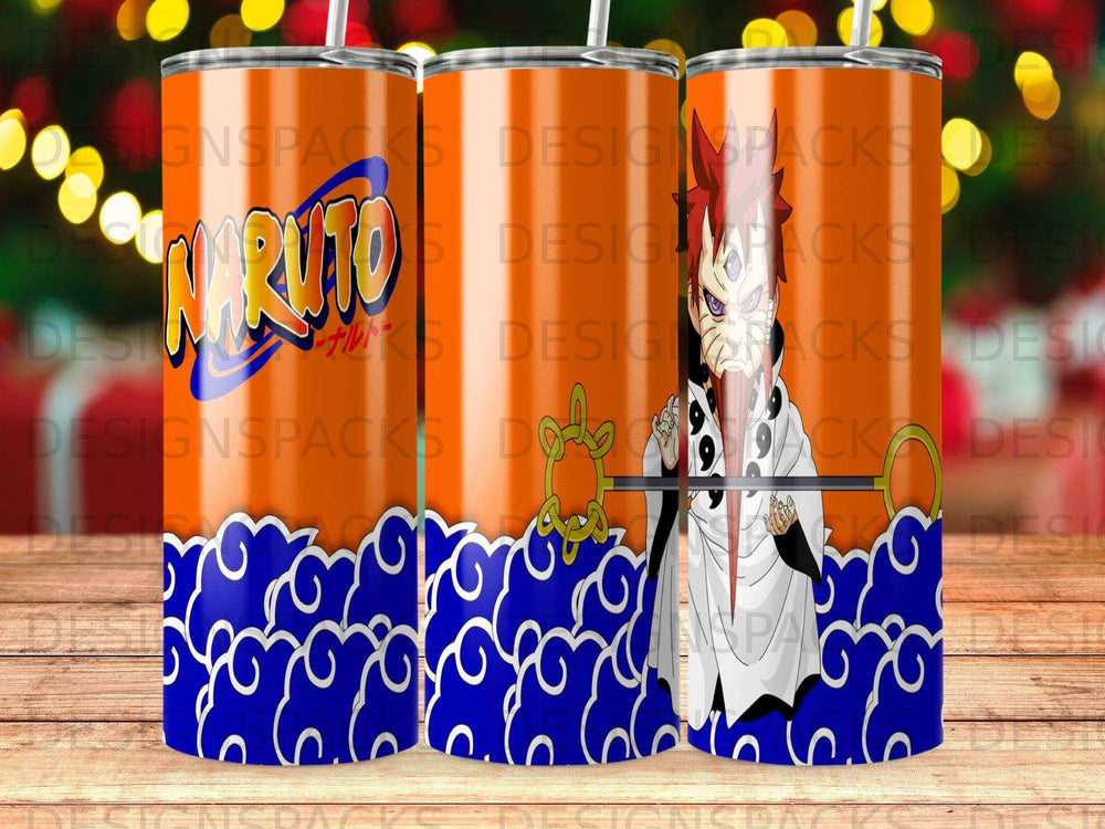 Naruto anime character design on orange and blue patterned tumbler.