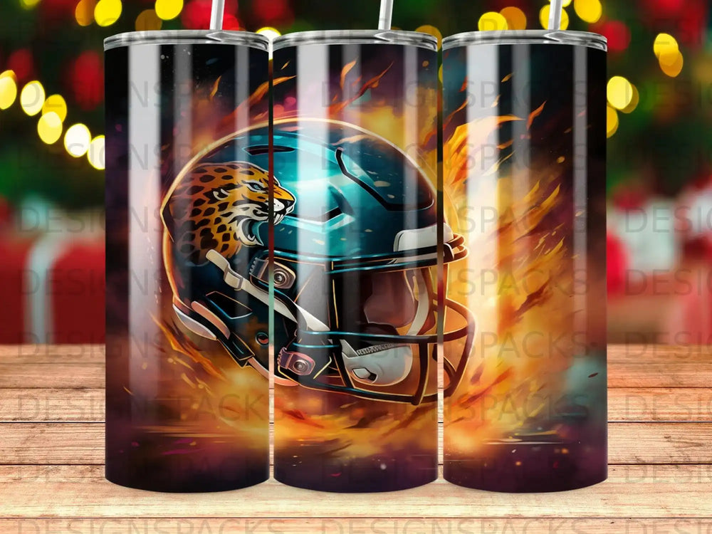 Black football helmet with a jaguar face design and flames.