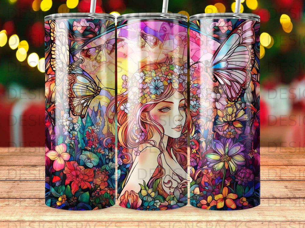 Woman with colorful flowers and butterflies on a tumbler.
